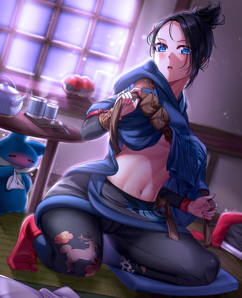 1girl belt belt_removed black_hair blue_eyes blush breasts clothes_lift commentary cup cupi_chan diamond_clan_outfit english_commentary fangs highres kneeling looking_at_viewer mai_(pokemon) munchlax navel night panties poke_ball poke_ball_(legends) pokemon pokemon_(creature) pokemon_(game) pokemon_legends:_arceus shirt_lift stantler stomach striped striped_panties table teacup teapot under_boob underwear undressing ursaring utility_belt window