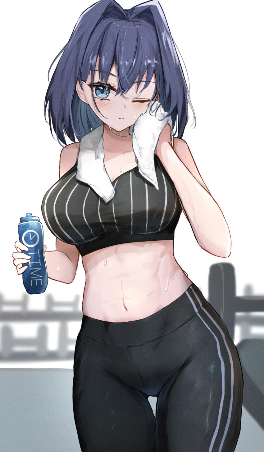 1girl bangs black_pants black_sports_bra blue_eyes blue_hair blush bottle breasts closed_mouth commentary cowboy_shot english_commentary english_text eyebrows_visible_through_hair hair_between_eyes hair_intakes highres holding holding_bottle holding_towel hololive hololive_english large_breasts looking_at_viewer medium_hair midriff navel one_eye_closed ouro_kronii pants parted_lips revision shuuzo3 solo split_mouth sports_bra standing sweat thigh_gap towel towel_around_neck virtual_youtuber wiping_sweat