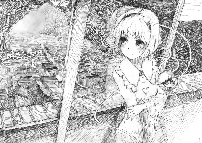 1girl :| absurdres architecture balcony bangs blouse blunt_bangs blush building buttons closed_mouth commentary east_asian_architecture eyebrows_visible_through_hair former_capital frilled_shirt_collar frilled_sleeves frills graphite_(medium) greyscale hair_ornament hairband heart heart_button heart_hair_ornament highres house komeiji_satori long_sleeves matumasima monochrome scenery short_hair skirt solo third_eye touhou traditional_media underground upper_body wide_sleeves