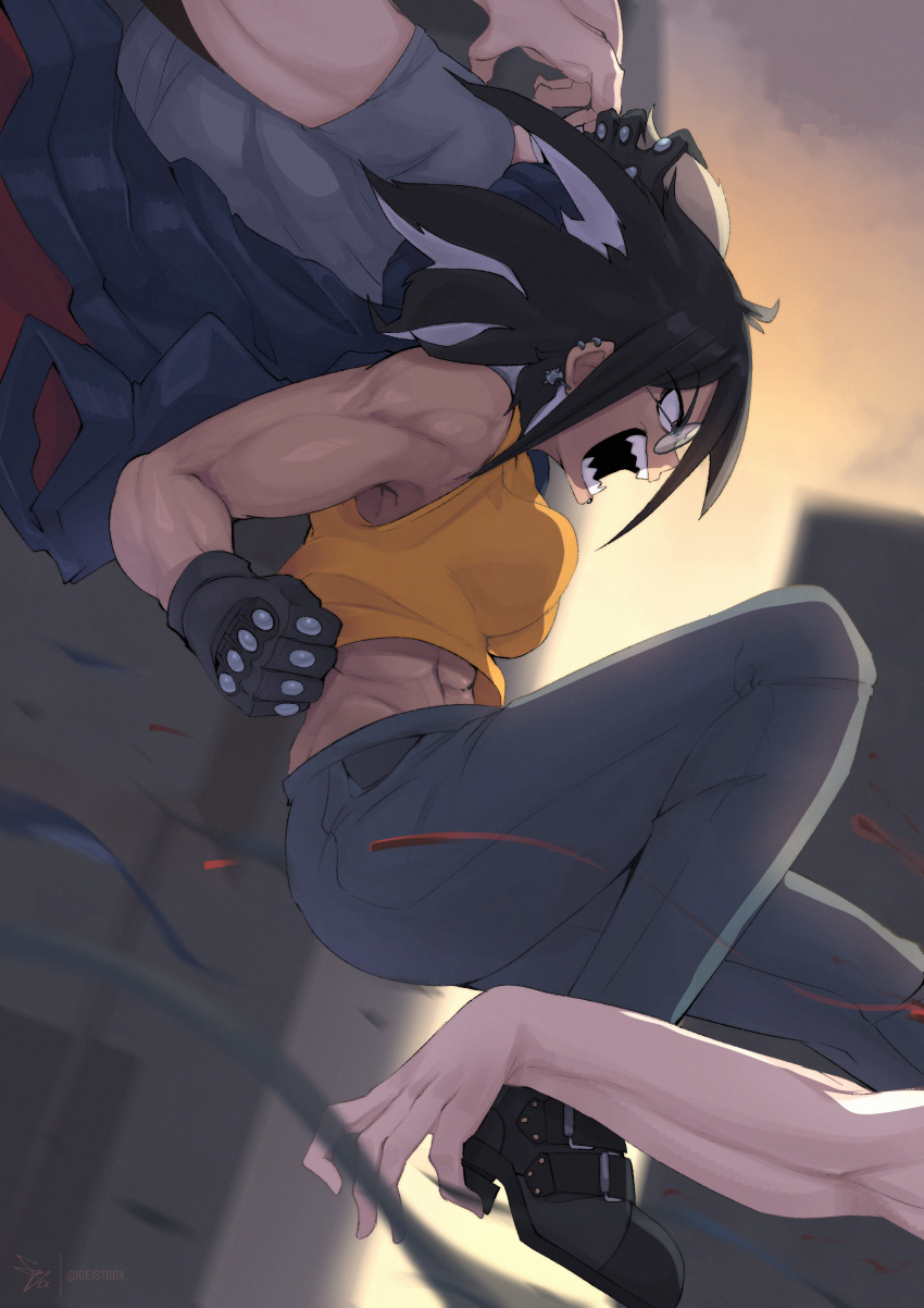 1girl abs absurdres action angry black_footwear black_gloves blurry blurry_background breasts clenched_hand dark_skin fighting geistbox glasses gloves highres midriff multicolored_hair muscular muscular_female open_mouth original sharp_teeth shirt tan teeth two-tone_hair yellow_shirt