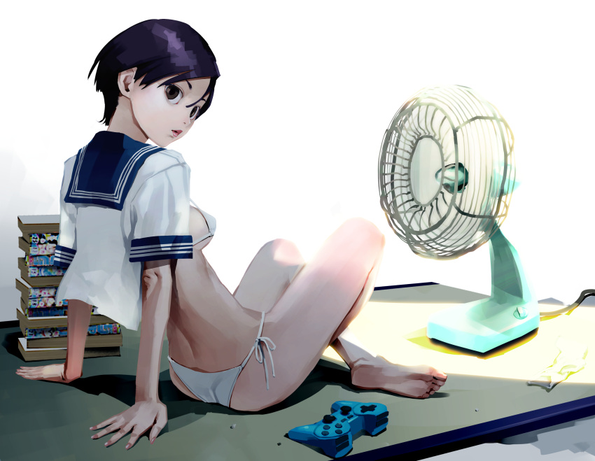 1girl arm_support bare_legs barefoot bikini black_hair blue_sailor_collar breasts brown_eyes closed_mouth crossed_legs electric_fan feet from_side full_body hair_between_eyes highres inamitsu_shinji knees_up leaning_back lips looking_at_viewer looking_to_the_side medium_breasts no_pants on_floor open_clothes open_shirt original reward_available sailor_collar school_uniform serafuku shadow shirt short_hair short_sleeves side-tie_bikini sitting sleeve_cuffs soles solo swimsuit toes white_bikini white_shirt