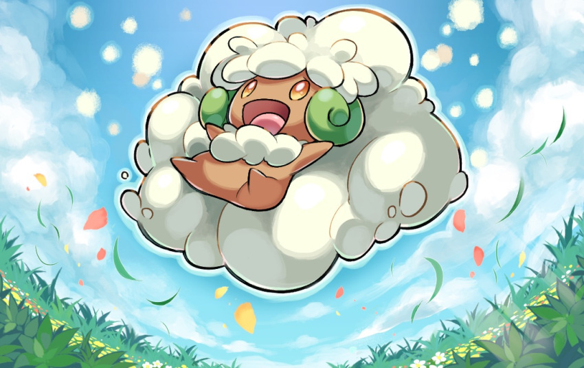 :d clouds commentary_request day from_below full_body grass happy hyou_(hyouga617) leaves_in_wind looking_up no_humans open_mouth orange_eyes outdoors petals pokemon pokemon_(creature) sky smile solo tongue whimsicott