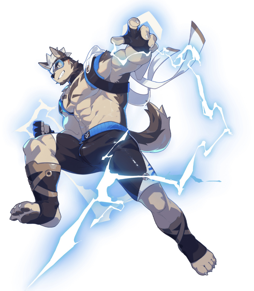 1boy abs animal_ears beenic bulge claws dog_ears electricity furry furry_male gloves goggles gyee highres husky muscular muscular_male navel nipples official_art pectoral_cleavage pectorals shorts smile tail tattoo thick_arms thick_thighs thighs tight topless topless_male zixiong_zix