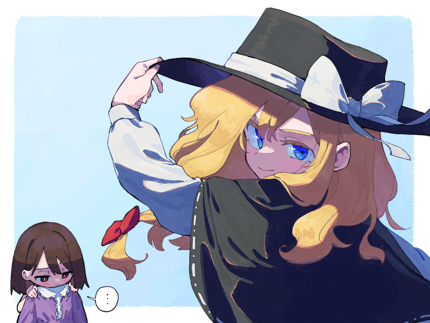 ... 2girls arm_up bangs black_capelet black_headwear blonde_hair blue_eyes blush border bow bright_pupils brown_eyes brown_hair capelet closed_mouth clothes_removed collared_dress colored_eyelashes commentary cosplay costume_switch dress hair_bow half-closed_eyes hand_on_headwear hat hat_bow hat_ribbon hat_tip highres holding holding_clothes light_blue_background long_hair long_sleeves looking_at_viewer maribel_hearn medium_hair multiple_girls nama_udon outstretched_arm purple_dress red_bow ribbon sanpaku shaded_face shirt sidelocks spoken_ellipsis swept_bangs touhou uneven_eyes usami_renko usami_renko_(cosplay) white_border white_bow white_pupils white_ribbon white_shirt