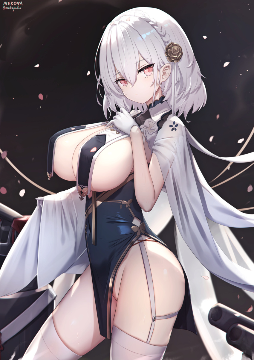 1girl azur_lane bangs black_background black_dress braid breast_curtains breasts cannon closed_mouth commentary_request crown_braid dress eyebrows_visible_through_hair gloves groin hair_between_eyes hair_ornament hand_up highres large_breasts looking_at_viewer nekoya_(liu) no_panties petals red_eyes see-through signature sirius_(azur_lane) solo thigh-highs twitter_username white_gloves white_hair white_legwear