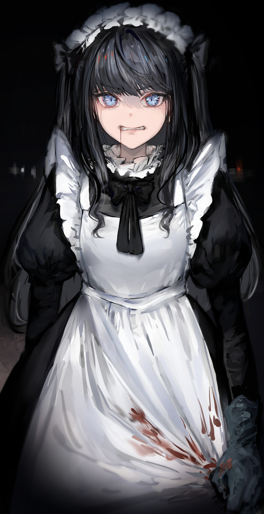 1girl absurdres apron black_gloves black_hair black_neckwear black_sleeves blood blood_on_clothes blue_eyes clenched_teeth gloves highres long_hair long_sleeves looking_at_viewer maid maid_apron maid_headdress nanaponi original solo teeth v-shaped_eyebrows white_apron white_headdress