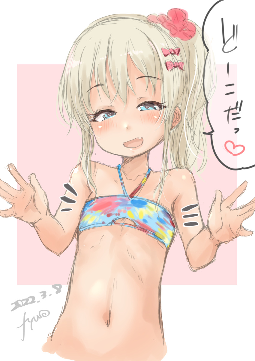 1girl absurdres bikini blonde_hair blue_bikini commentary_request emphasis_lines flat_chest fyuo grecale_(kancolle) green_eyes hair_ornament hairclip heart heart-shaped_pupils highres kantai_collection long_hair looking_at_viewer one-hour_drawing_challenge parody ponytail solo sono_bisque_doll_wa_koi_wo_suru swimsuit symbol-shaped_pupils translated upper_body wavy_hair