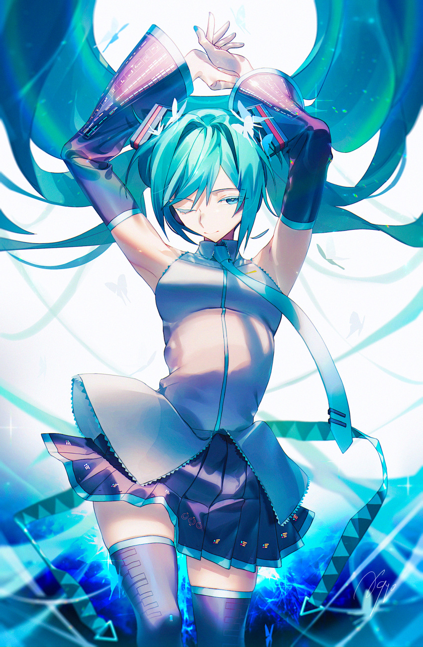 1girl agyou_sonokou_l aqua_butterfly aqua_hair aqua_nails aqua_necktie armpits arms_up backlighting bare_shoulders belt black_legwear black_skirt black_sleeves blue_butterfly blue_eyes blue_theme breasts bug butterfly closed_mouth clothes_lift collared_shirt colored_eyelashes contrapposto cowboy_shot detached_sleeves diffraction_spikes eyebrows_visible_through_hair facing_viewer fingernails glint green_butterfly grey_shirt hatsune_miku highres light_particles light_smile long_hair loose_belt medium_breasts narrow_waist necktie own_hands_together pleated_skirt shirt signature simple_background skindentation skirt skirt_lift sleeveless solo thigh-highs thighs tie_clip tight tight_shirt tsurime twintails very_long_hair vocaloid white_background white_butterfly wide_sleeves zettai_ryouiki