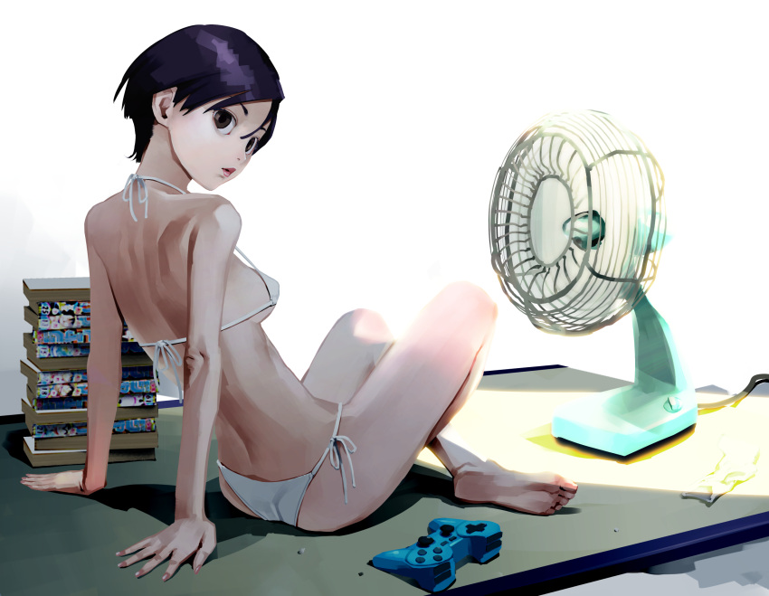 1girl arm_support bare_legs barefoot bikini black_hair breasts brown_eyes closed_mouth crossed_legs electric_fan feet from_side full_body hair_between_eyes highres inamitsu_shinji knees_up leaning_back lips looking_at_viewer looking_to_the_side medium_breasts on_floor original reward_available shadow short_hair side-tie_bikini sitting soles solo swimsuit toes white_bikini