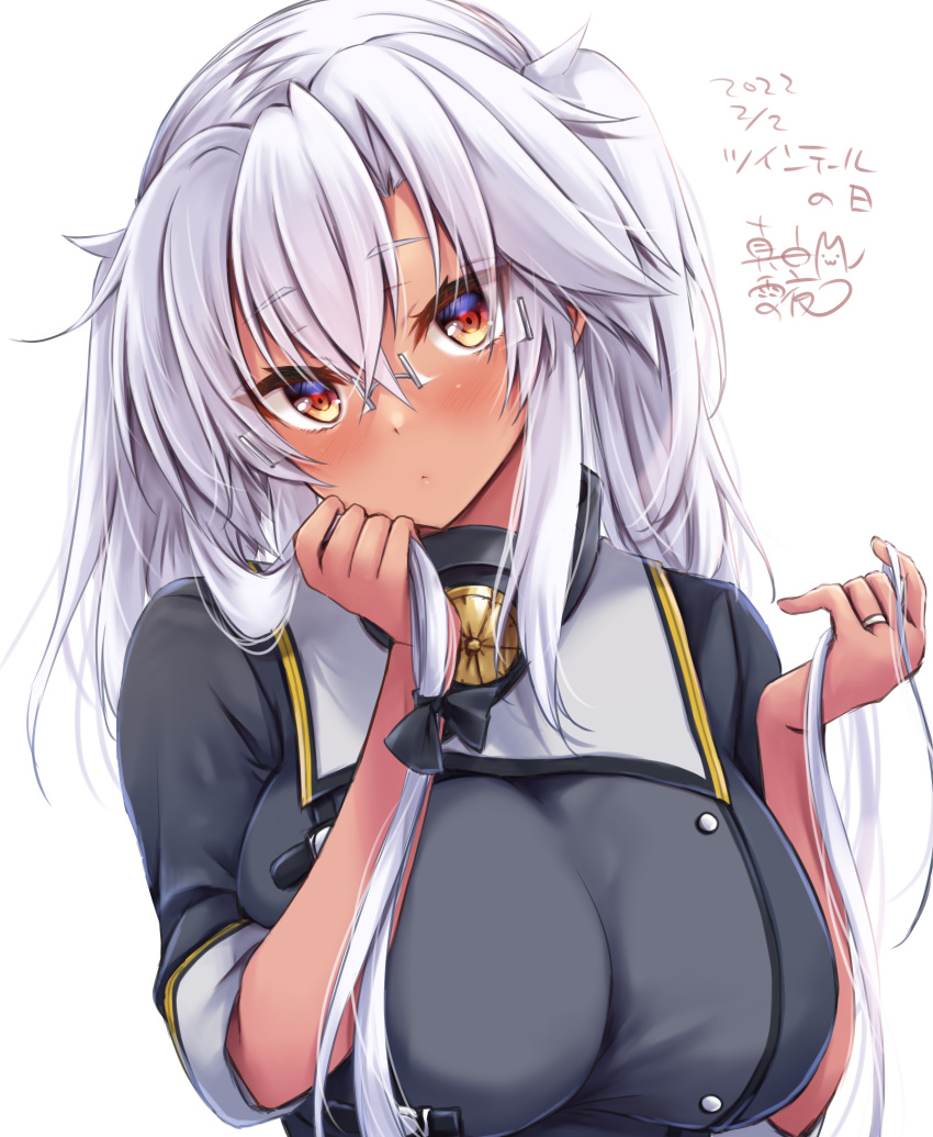 1girl absurdres artist_name blush breasts brown_eyes closed_mouth dated eyebrows_visible_through_hair glasses hair_between_eyes highres kantai_collection large_breasts long_hair mashiro_yukiya musashi_(kancolle) musashi_kai_ni_(kancolle) rimless_eyewear signature silver_hair simple_background solo twintails twintails_day upper_body white_background
