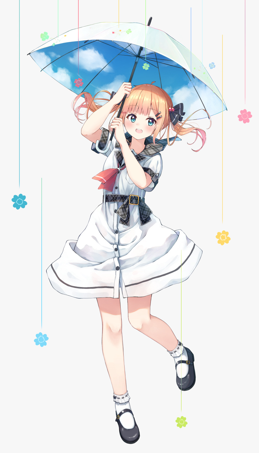 1girl :d absurdres arm_up bangs black_footwear black_ribbon blonde_hair blue_eyes blush commentary dress english_commentary enuni eyebrows_visible_through_hair frilled_legwear grey_background grey_sailor_collar hair_bobbles hair_ornament hair_ribbon hairclip hand_up highres holding holding_umbrella hoshino_sora_(n2) long_hair looking_at_viewer original plaid_sailor_collar revision ribbon ribbon-trimmed_legwear ribbon_trim sailor_collar sailor_dress shoes short_sleeves simple_background smile solo standing standing_on_one_leg teeth twintails umbrella upper_teeth white_dress white_legwear white_umbrella
