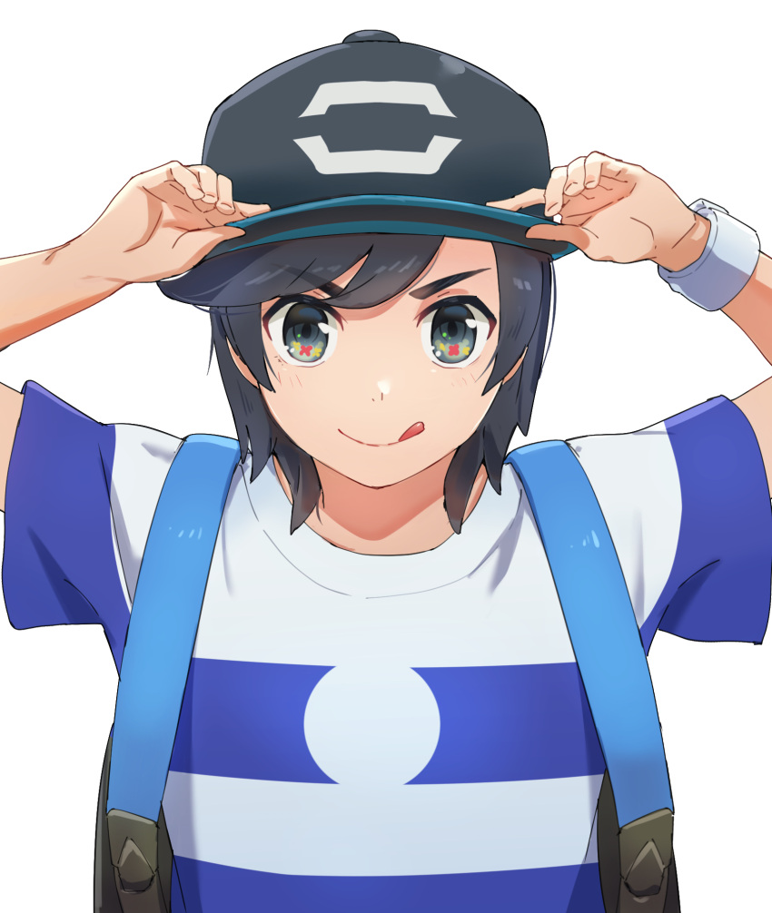 1boy :q bangs baseball_cap black_hair black_headwear blush bracelet closed_mouth commentary_request elio_(pokemon) grey_eyes hands_on_headwear hat highres hsin jewelry looking_at_viewer male_focus medium_hair pokemon pokemon_(game) pokemon_sm shirt short_sleeves simple_background smile solo strap t-shirt tongue tongue_out upper_body white_background z-ring
