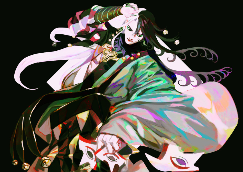 1boy :| abs ashiya_douman_(fate) asymmetrical_clothes asymmetrical_hair bell black_background black_eyes black_hair closed_mouth commentary_request curly_hair daeraeband earrings expressionless eyeshadow fate/grand_order fate_(series) fingernails green_eyeshadow green_kimono green_lips green_nails hadanugi_dousa hair_bell hair_between_eyes hair_intakes hair_ornament highres japanese_clothes jewelry kimono long_hair looking_away magatama magatama_earrings makeup male_focus multicolored_hair onmyouji open_clothes open_kimono pectorals ribbed_sleeves sharp_fingernails simple_background solo toned toned_male traditional_clothes two-tone_hair upper_body very_long_fingernails very_long_hair white_hair wide_sleeves
