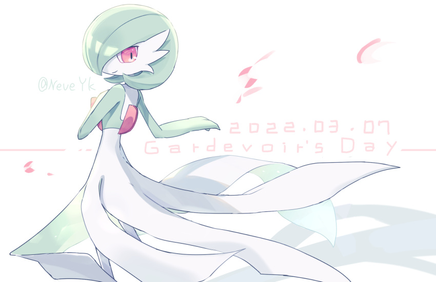 1girl artist_name bangs bob_cut character_name closed_mouth colored_skin commentary_request dated english_text from_behind gardevoir gardevoir_day green_hair green_skin hair_over_one_eye hand_on_own_chest hands_up happy highres looking_back multicolored_skin one_eye_covered partial_commentary petals pokemon pokemon_(creature) red_eyes shiny shiny_hair short_hair signature simple_background smile solo standing twitter_username two-tone_skin white_background white_skin yutopia_(neveyk)