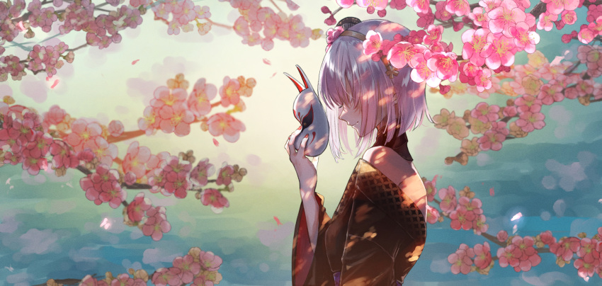 1girl alternate_hair_length alternate_hairstyle bare_shoulders cherry_blossoms closed_mouth commentary_request floral_background flower fox_mask hair_flower hair_ornament highres holding hololive hololive_english japanese_clothes kimono long_sleeves mask mask_removed mori_calliope oekakikei outdoors petals pink_hair red_nails shaded_face shadow short_hair solo virtual_youtuber wide_sleeves