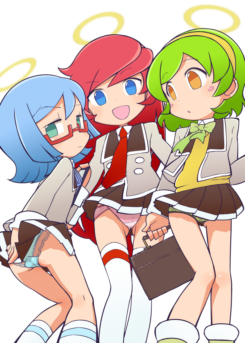 3girls :d ass bangs black_skirt blazer blue_eyes blue_hair blue_panties blue_ribbon blush_stickers bow bowtie camouflage camouflage_panties ciel_(puyopuyo) clipboard closed_mouth clothes_lift commentary_request crotch_seam dress_shirt flore_(puyopuyo) frown glaring glasses green_bow green_bowtie green_eyes green_hair green_panties grey_jacket hairband halo highres holding holding_clipboard jacket lace long_hair long_sleeves looking_at_another looking_at_viewer looking_back miniskirt multiple_girls neck_ribbon necktie ogihara_mach open_mouth orange_eyes panties parted_lips pleated_skirt puyopuyo red-framed_eyewear red_necktie redhead ribbon roco_(puyopuyo) school_briefcase school_uniform semi-rimless_eyewear shirt short_hair simple_background single_horizontal_stripe skirt skirt_lift skirt_tug smile socks standing sweater swept_bangs thigh-highs transparent_panties under-rim_eyewear underwear very_long_hair white_background white_legwear white_panties white_shirt wind wind_lift wing_collar yellow_hairband yellow_sweater