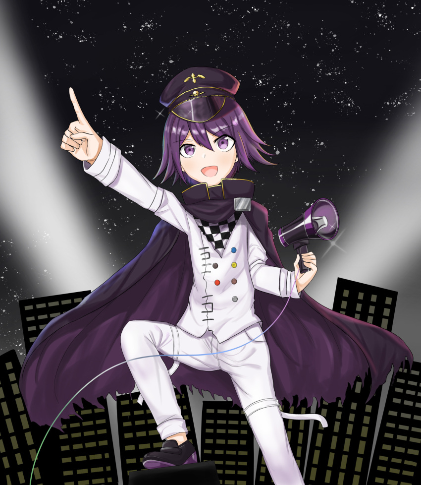 1boy bangs black_hair building cape checkered_clothes checkered_scarf chiem danganronpa_(series) danganronpa_v3:_killing_harmony extra_fingers hat highres male_focus open_mouth ouma_kokichi peaked_cap purple_hair scarf shoes short_hair sky skyscraper solo star_(sky) starry_sky straitjacket violet_eyes