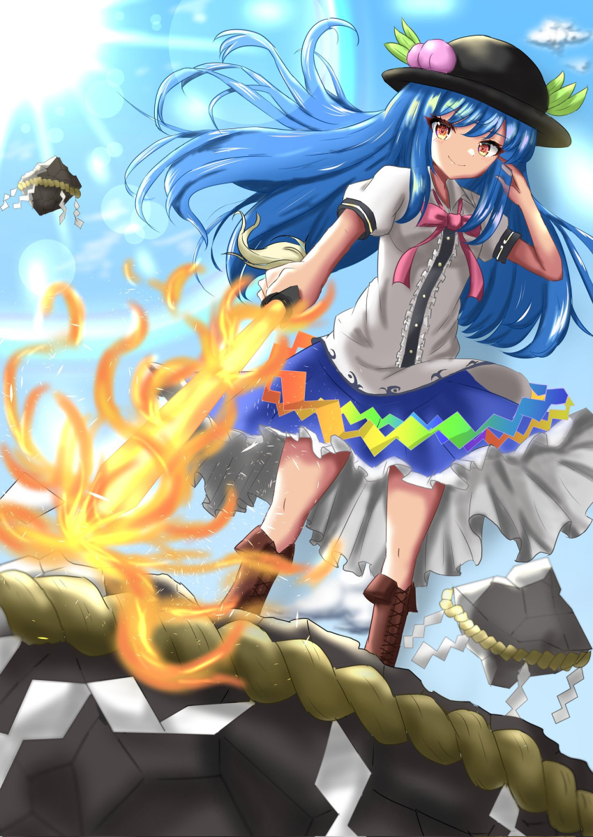 1girl bangs black_headwear blouse blue_hair blue_skirt blue_sky boots bow bowtie brown_footwear buttons center_frills closed_mouth eyebrows_visible_through_hair food frills fruit full_body hat highres hinanawi_tenshi holding holding_sword holding_weapon keystone leaf light_particles lobstrater64 long_hair looking_at_viewer mixed-language_commentary outdoors peach puffy_short_sleeves puffy_sleeves rainbow_order red_bow red_bowtie red_eyes rope shide shimenawa short_sleeves skirt sky smile solo standing sword sword_of_hisou touhou weapon white_blouse wind
