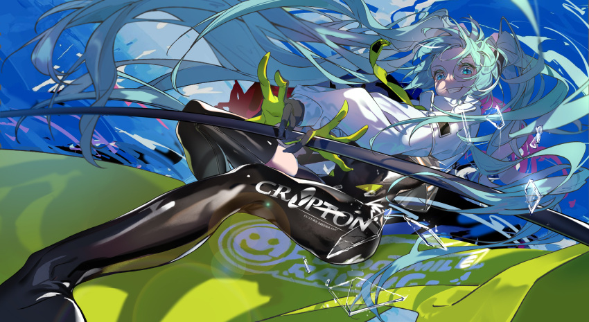 1girl 39 blue_eyes blue_hair broken_glass feihuanjiang glass gloves grin hatsune_miku highres long_hair long_sleeves looking_at_viewer parted_lips racing_miku racing_miku_(2022) single_thighhigh smile solo teeth thigh-highs twintails very_long_hair vocaloid