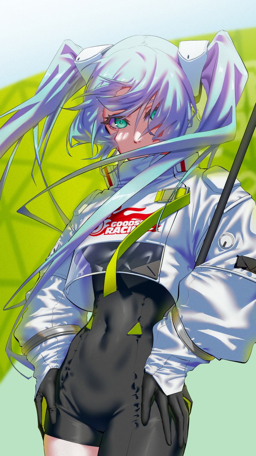 1girl absurdres aqua_eyes aqua_hair asymmetrical_bodysuit bangs black_bodysuit black_gloves blue_background bodysuit breasts covered_mouth covered_navel cowboy_shot crop_top crop_top_overhang cropped_jacket danaid_ianad flag flagpole flame_print floating_hair gloves goodsmile_racing green_gloves groin hair_between_eyes hands_on_hips hatsune_miku highres holding holding_pole jacket long_hair long_sleeves looking_at_viewer medium_breasts pole racing_miku racing_miku_(2022) sidelocks skindentation solo standing twintails two-tone_gloves very_long_hair vocaloid white_jacket
