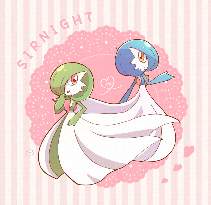2girls alternate_color artist_name bangs blue_hair blue_skin bob_cut character_name colored_skin commentary dated eye_contact flat_chest from_behind full_body gardevoir gardevoir_day green_hair green_skin hair_over_one_eye hand_to_own_mouth hand_up happy heart highres kibikona looking_at_another looking_back multicolored_skin multiple_girls one_eye_covered open_mouth orange_eyes pink_background pokemon pokemon_(creature) red_eyes shiny shiny_hair shiny_pokemon short_hair signature smile standing striped striped_background two-tone_skin white_skin