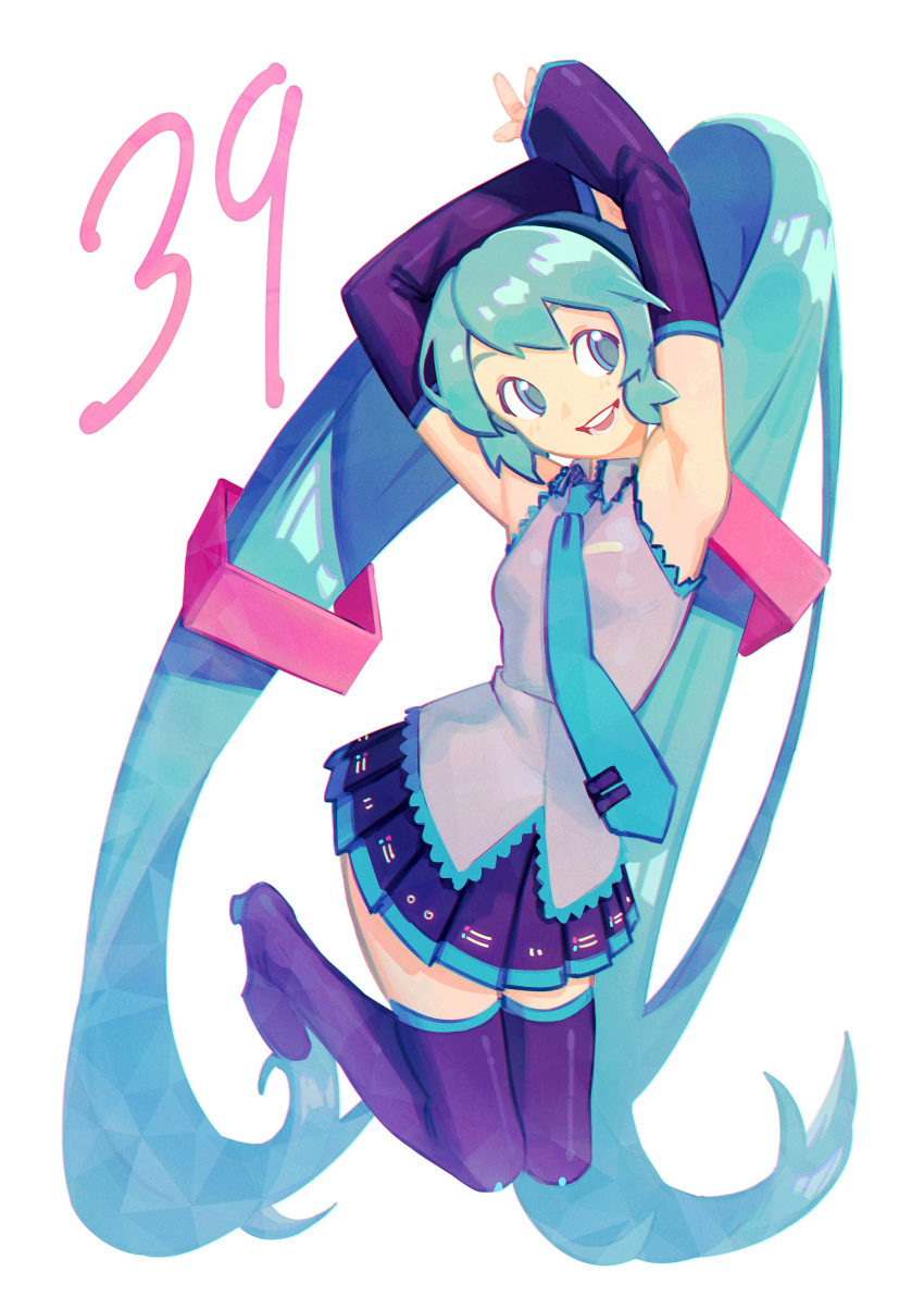 1girl 39 absurdres aqua_eyes aqua_hair aqua_necktie armpits arms_up black_footwear black_skirt black_sleeves boots breasts collared_shirt contrapposto detached_sleeves facing_viewer feet_up full_body grey_shirt hair_ornament happy hatsune_miku head_tilt highres irarugii legs_together light_smile long_hair necktie open_mouth pleated_skirt shiny shiny_hair shirt sideways_glance simple_background skirt sleeveless sleeveless_shirt small_breasts solo teeth thigh-highs thigh_boots tie_clip twintails very_long_hair vocaloid white_background zettai_ryouiki