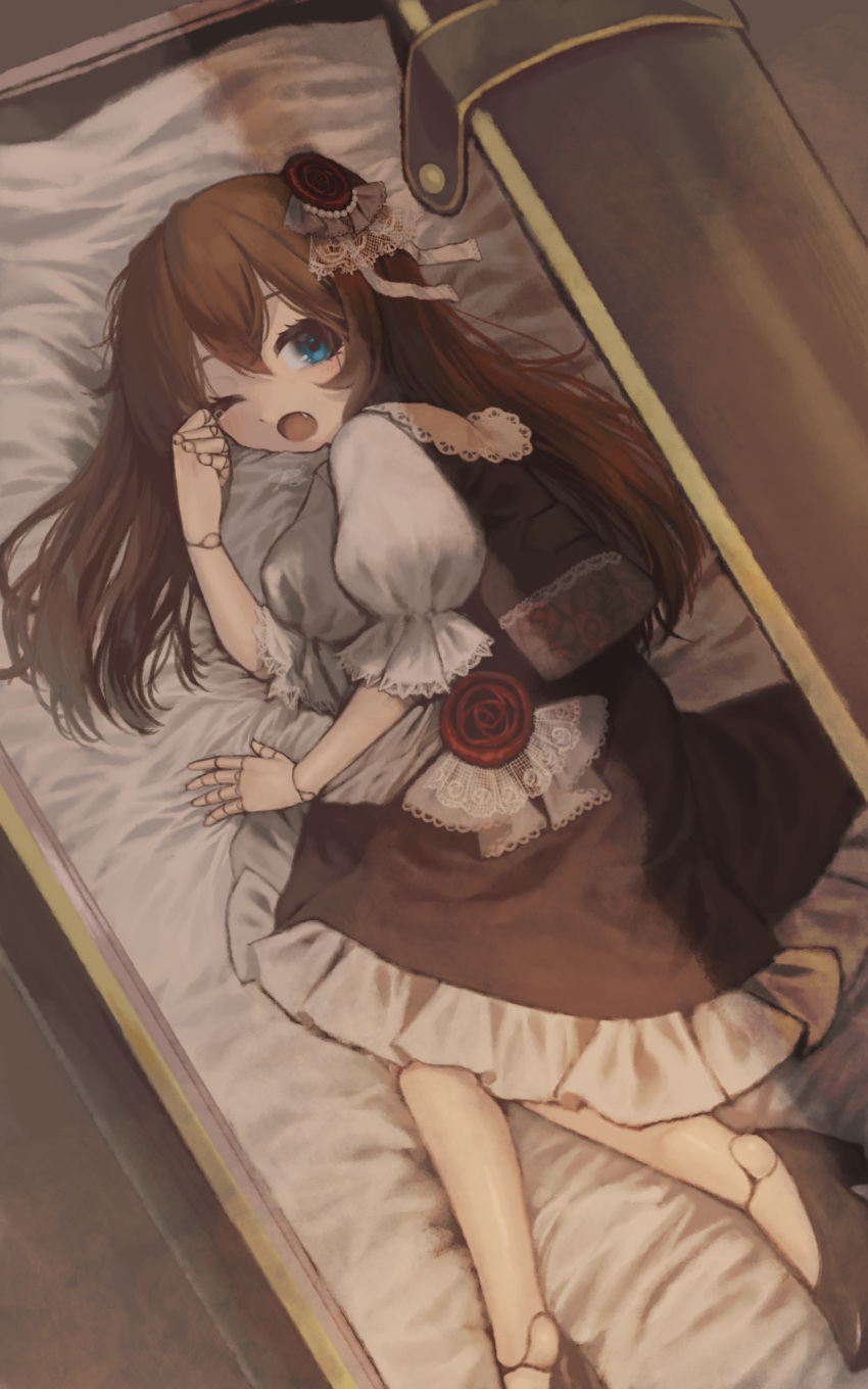 1girl absurdres black_dress black_footwear blue_eyes box brown_hair doll_joints dress fang highres in_box in_container joints long_hair looking_at_viewer lying monakocoa on_side one_eye_closed open_mouth original solo tagme white_sleeves