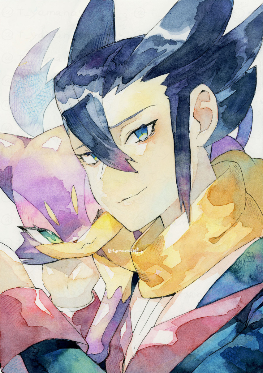 1boy bangs black_hair black_jacket blue_eyes closed_mouth commentary_request grimsley_(pokemon) hair_between_eyes highres jacket long_sleeves looking_to_the_side male_focus on_shoulder pokemon pokemon_(creature) pokemon_(game) pokemon_bw pokemon_on_shoulder purrloin scarf shirt short_hair smile spiky_hair white_background white_shirt yamanashi_taiki yellow_scarf