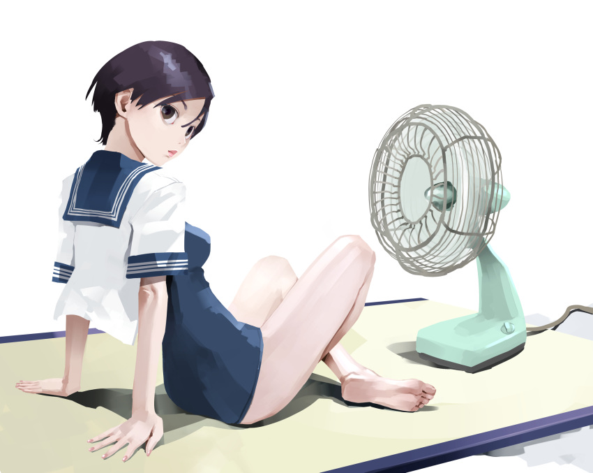 1girl arm_support bare_legs barefoot black_hair blue_sailor_collar blue_swimsuit breasts brown_eyes closed_mouth crossed_legs electric_fan feet from_side full_body hair_between_eyes highres inamitsu_shinji knees_up leaning_back lips looking_at_viewer looking_to_the_side medium_breasts no_pants on_floor one-piece_swimsuit open_clothes open_shirt original reward_available sailor_collar school_swimsuit school_uniform serafuku shadow shirt short_hair short_sleeves sitting sleeve_cuffs soles solo swimsuit toes white_shirt