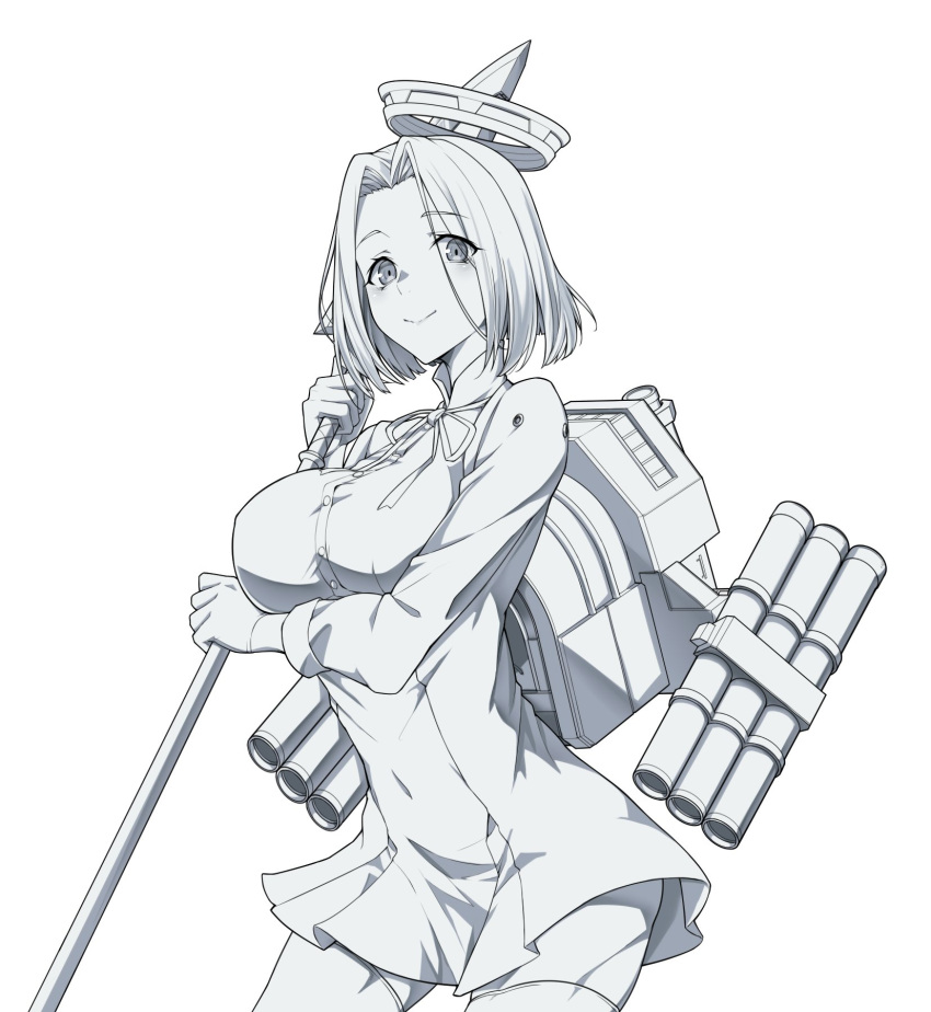 1girl bangs breasts dress glaive gloves greyscale highres holding holding_polearm holding_weapon kantai_collection kukurus large_breasts long_sleeves looking_at_viewer mechanical_halo monochrome neck_ribbon polearm ribbon rigging short_hair simple_background smile solo tatsuta_(kancolle) thigh-highs weapon