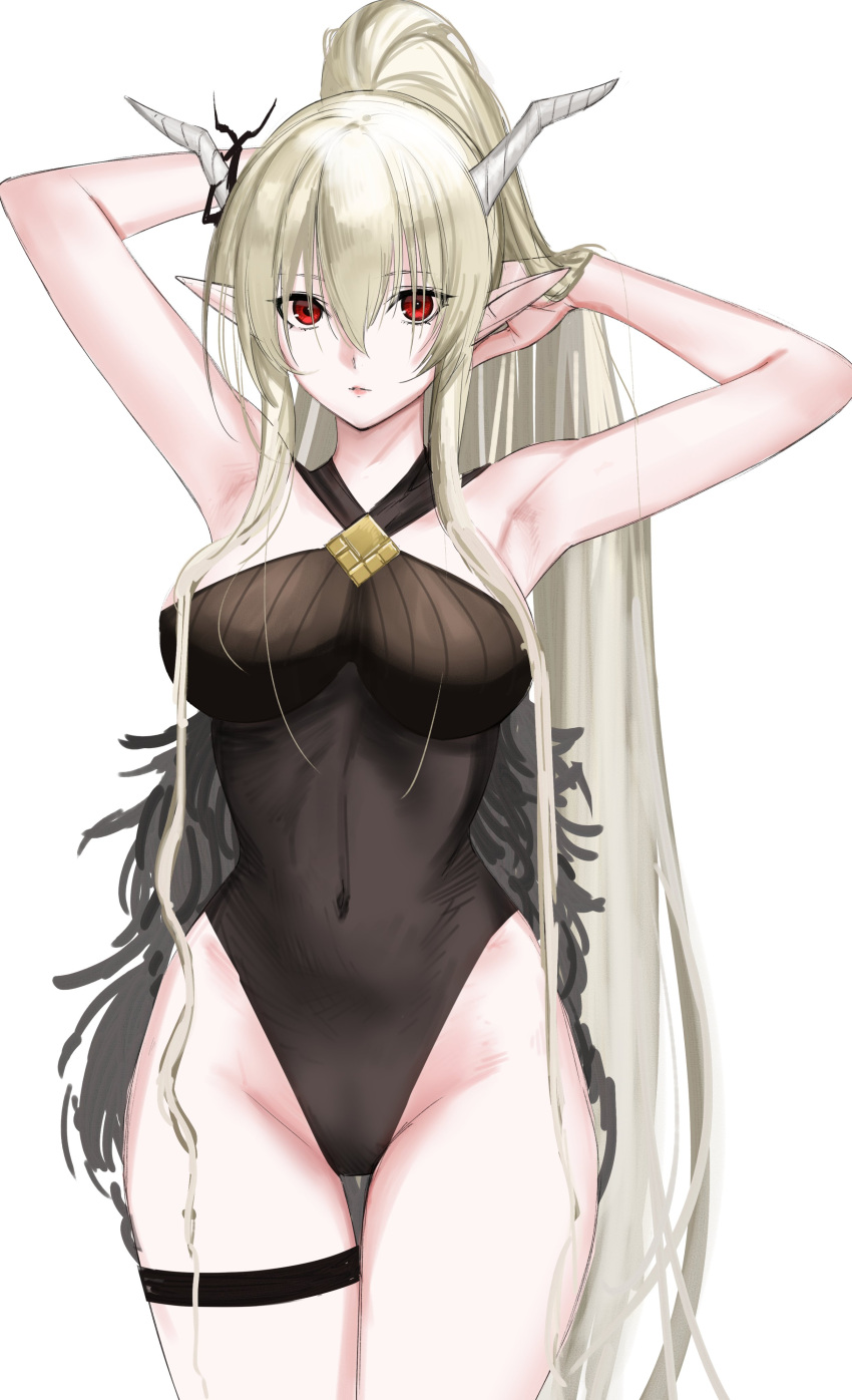 1girl absurdres adjusting_hair arknights armpits arms_up bangs bare_hips black_swimsuit breasts casual_one-piece_swimsuit closed_mouth covered_navel cowboy_shot eyebrows_visible_through_hair groin hair_between_eyes high_ponytail highleg highleg_swimsuit highres horns large_breasts long_hair official_alternate_costume one-piece_swimsuit pointy_ears red_eyes shining_(arknights) shining_(silent_night)_(arknights) silver_hair solo swimsuit tetsu_(kimuchi) thigh_gap thigh_strap thighs very_long_hair
