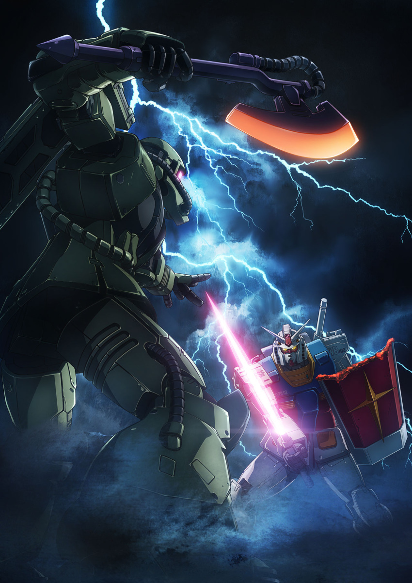 axe beam_saber clouds cloudy_sky damaged gundam highres holding holding_axe holding_shield holding_sword holding_weapon key_visual lightning mecha mobile_suit mobile_suit_gundam mobile_suit_gundam:_cucuruz_doan's_island no_humans official_art one-eyed open_hand pink_eyes promotional_art rx-78-2 science_fiction shield sky sword weapon yellow_eyes zaku_ii zeon