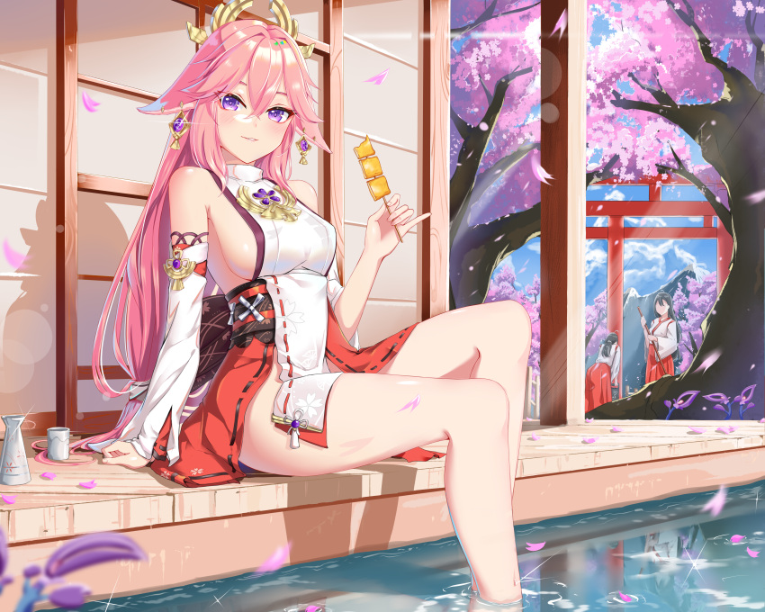 3girls absurdres bare_legs bare_shoulders blue_dress bottle breasts building cherry_blossoms choko_(cup) cup detached_sleeves dress food genshin_impact highres japanese_clothes katsuboys legs long_sleeves looking_at_viewer medium_breasts miko multiple_girls outdoors partially_submerged pink_hair sake_bottle sideboob smile tofu tree violet_eyes yae_miko