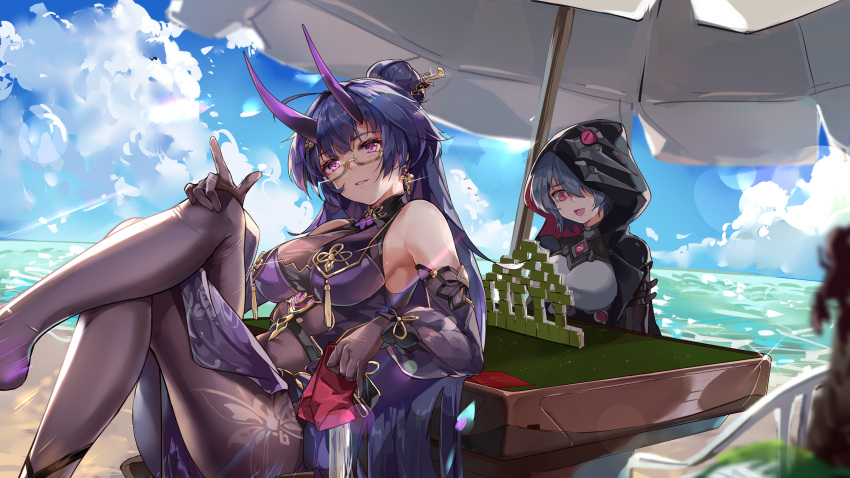 2girls bangs bare_shoulders beach_umbrella black_hair blue_sky breasts chair china_dress chinese_clothes clouds cloudy_sky dress glasses hair_over_one_eye highres honkai_(series) honkai_impact_3rd horns looking_at_viewer mahjong mahjong_tile multiple_girls outdoors ponytail purple_dress purple_hair purple_sleeves raiden_mei raiden_mei_(herrscher_of_thunder) raven_(honkai_impact_3rd) short_hair sitting sky table umbrella violet_eyes zombie-andy