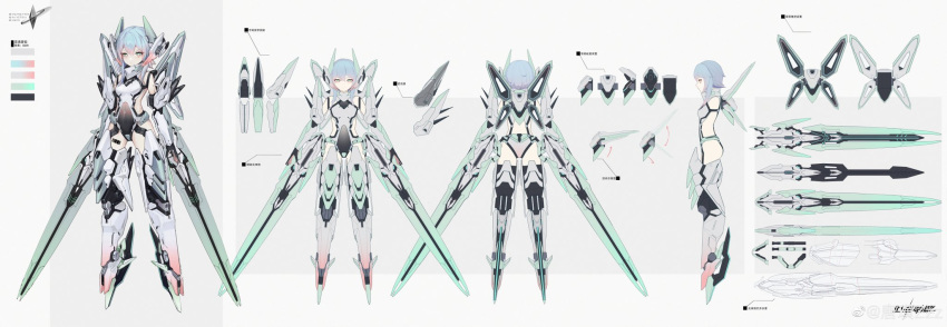 1girl aqua_eyes arm_blade armor arms_at_sides arrow_(symbol) barcode barcode_tattoo blue_hair character_sheet covered_navel donxxxs flat_color from_behind from_side gradient_hair highres lineart looking_at_viewer mecha_musume multicolored_hair original pink_hair short_hair tattoo two-tone_hair weapon white_background