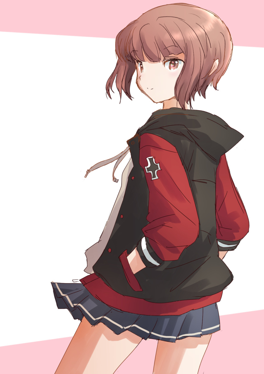 1girl alternate_costume black_jacket blue_skirt brown_eyes brown_hair commentary_request cowboy_shot cross from_behind fuji_(pixiv24804665) hands_in_pockets highres hood hooded_jacket hoodie iron_cross jacket kantai_collection multicolored_clothes multicolored_jacket pleated_skirt short_hair skirt solo z3_max_schultz_(kancolle)