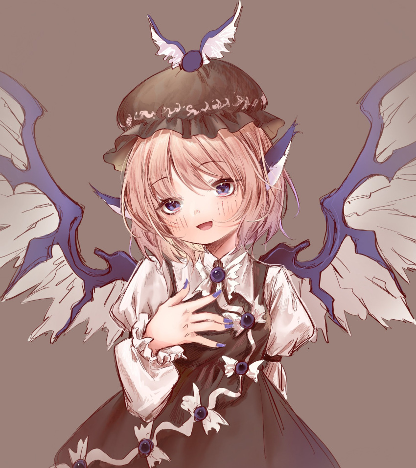 1girl 80isiiii :d \||/ animal_ears bangs bird_ears bird_wings blush breasts brown_background brown_dress brown_headwear dress eyebrows_visible_through_hair feathered_wings frills hand_on_own_chest hand_up hat head_tilt highres juliet_sleeves long_sleeves looking_at_viewer mob_cap mystia_lorelei nail_polish open_mouth pink_hair puffy_sleeves purple_nails short_hair simple_background small_breasts smile solo touhou upper_body violet_eyes wings