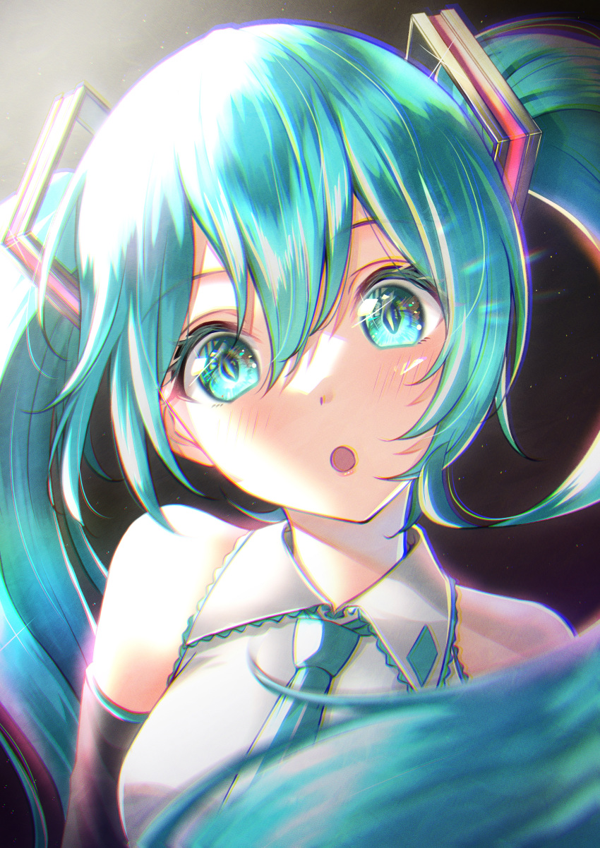 1girl absurdres aqua_eyes aqua_hair aqua_necktie arms_at_sides backlighting bare_shoulders black_sleeves blurry chromatic_aberration collared_shirt dark_background depth_of_field detached_sleeves diffraction_spikes eyebrows_visible_through_hair eyelashes floating_hair glint hair_between_eyes hatsune_miku head_tilt highres kaaya_(69038835) light_blush light_particles long_hair looking_at_viewer necktie parted_lips shiny shiny_hair shirt sidelocks simple_background sleeveless sleeveless_shirt solo twintails very_long_hair vocaloid white_shirt wide-eyed