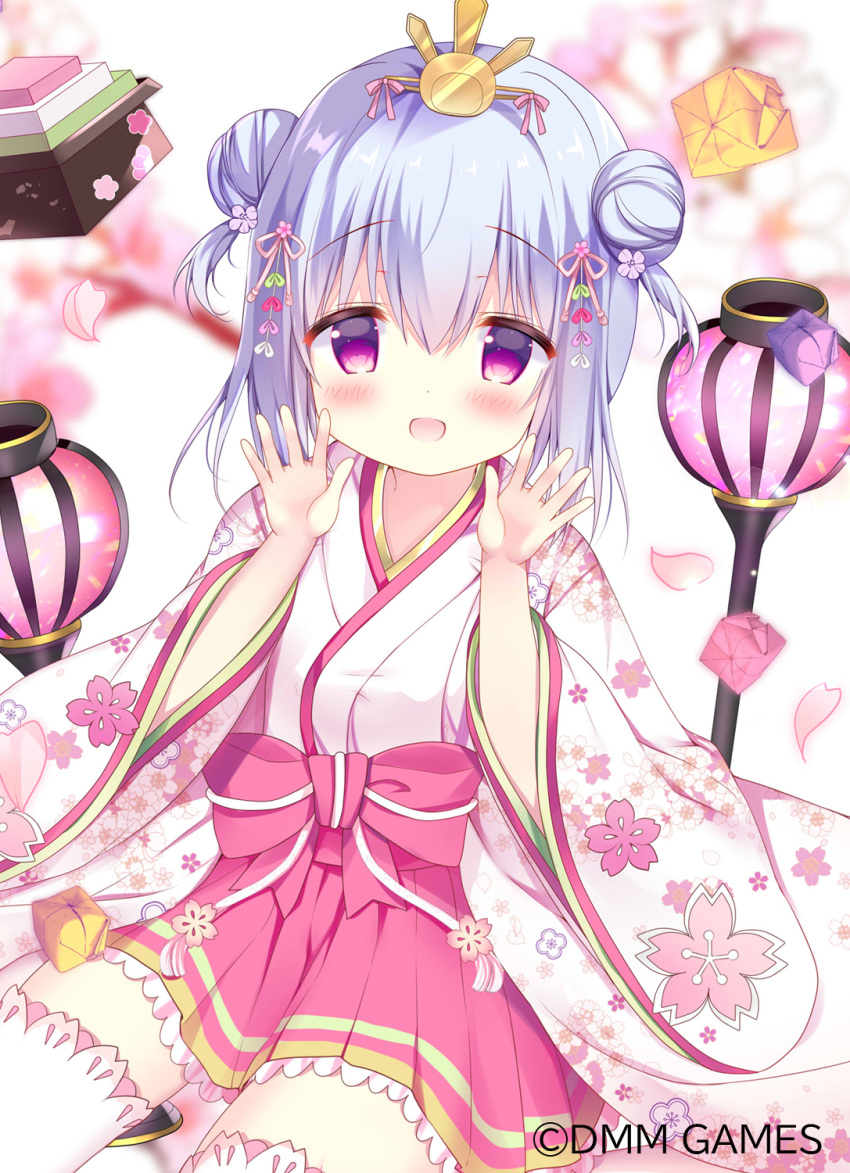 1girl :d azumi_kazuki blue_hair blurry blurry_background blush bow character_request commentary_request cube depth_of_field double_bun floral_print fruits_fulcute! hands_up highres hishimochi japanese_clothes kimono long_sleeves looking_at_viewer petals pink_bow pink_skirt pleated_skirt print_kimono saishi sidelocks sitting skirt smile solo thigh-highs two_side_up violet_eyes white_kimono white_legwear wide_sleeves