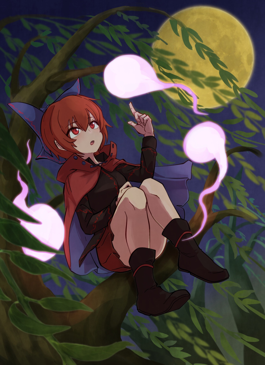 1girl :o bangs black_footwear black_shirt boots bow branch cloak expressionless eyebrows_visible_through_hair full_body full_moon hair_between_eyes hair_bow highres hitodama leaf long_sleeves miniskirt moon night night_sky open_mouth outdoors pleated_skirt purple_bow red_cloak red_eyes red_skirt redhead sekibanki shirt short_hair sitting skirt sky solo touhou tree yan_pai
