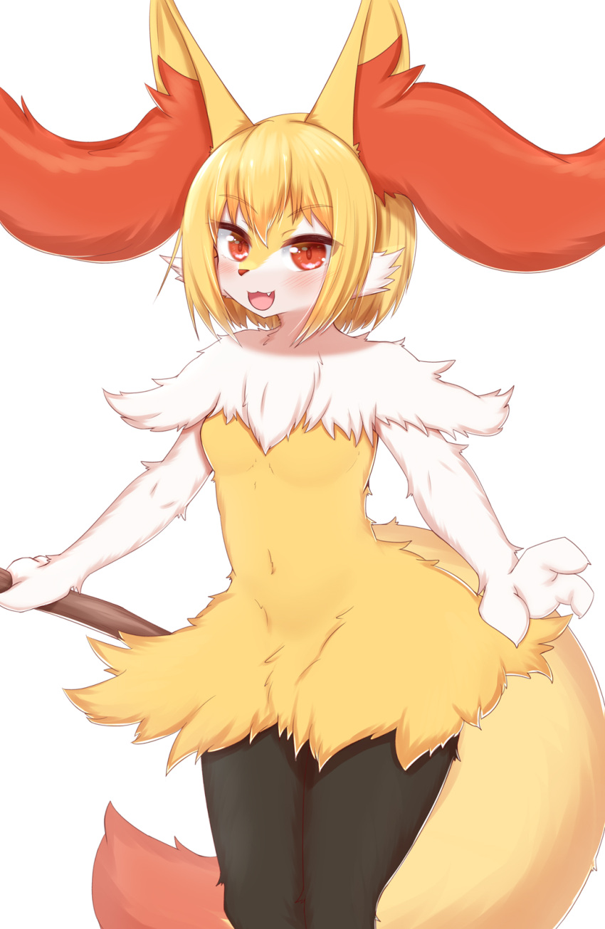 1girl :3 animal_ear_fluff animal_ears animal_hands animal_nose bangs black_fur blonde_hair blush body_fur braixen breasts commentary_request eyebrows_visible_through_hair fang fox_ears fox_girl fox_tail fur_collar furry furry_female happy highres holding holding_stick horokusa_(korai) legs_together looking_at_viewer navel open_mouth personification pokemon pokemon_(creature) red_eyes shiny shiny_hair short_hair sidelocks simple_background small_breasts smile solo standing stick stomach tail white_background white_fur yellow_fur