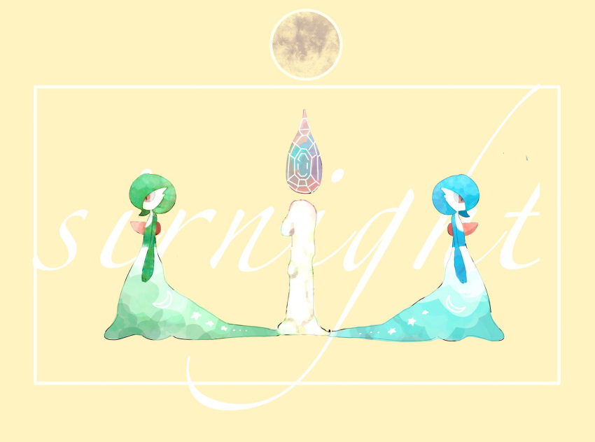2girls alternate_color arms_at_sides bangs blue_hair blue_skin bob_cut candle character_name colored_skin commentary crescent fire flat_chest from_side full_body full_moon gardevoir green_hair green_skin highres jpeg_artifacts moon multicolored_skin multiple_girls pokemon pokemon_(creature) profile red_eyes shiny_pokemon short_hair standing star_(symbol) symmetry two-tone_skin white_skin yahi_(pixiv_25180573) yellow_background