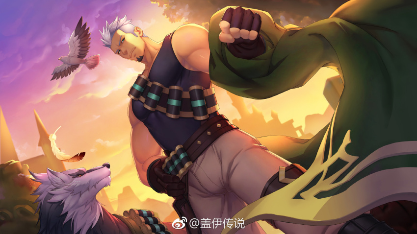 1boy artist_request beard belt bird cape clouds explosive facial_hair feathers gloves green_eyes grenade grey_hair gyee hawk highres logo male_focus manly miles_(gyee) muscular muscular_male official_art pants pectoral_cleavage pectorals smile solo sunset tank_top thick_arms tight wolf