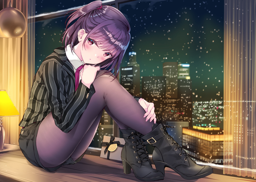 1girl ankle_boots black_shorts blush boots box building cityscape collared_shirt commentary_request cuff_links curtains desk feet_on_table gift gift_box hair_tie hand_on_own_knee hand_on_own_leg high_heel_boots high_heels highres hugging_own_legs jacket kobayashi_chisato lamp lampshade lights looking_at_viewer nail_polish necktie night night_sky on_desk original pantyhose parted_lips pink_nails purple_hair purple_necktie shirt shoe_belt shoelaces short_hair shorts side_ponytail sitting sky snowing solo striped striped_jacket thighs tied_hair window
