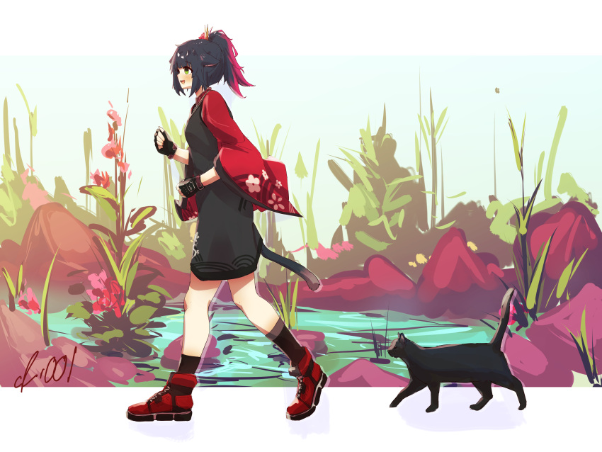 1girl :d absurdres animal_ears arknights black_cat black_dress black_footwear black_gloves blue_hair blush cat cat_ears cat_tail china_dress chinese_clothes crr001 dress from_side full_body gloves green_eyes highres jessica_(arknights) jessica_(clivia)_(arknights) multicolored_hair official_alternate_costume open_mouth pink_hair plant pond ponytail profile rock sideways_mouth signature smile socks solo streaked_hair tail walking