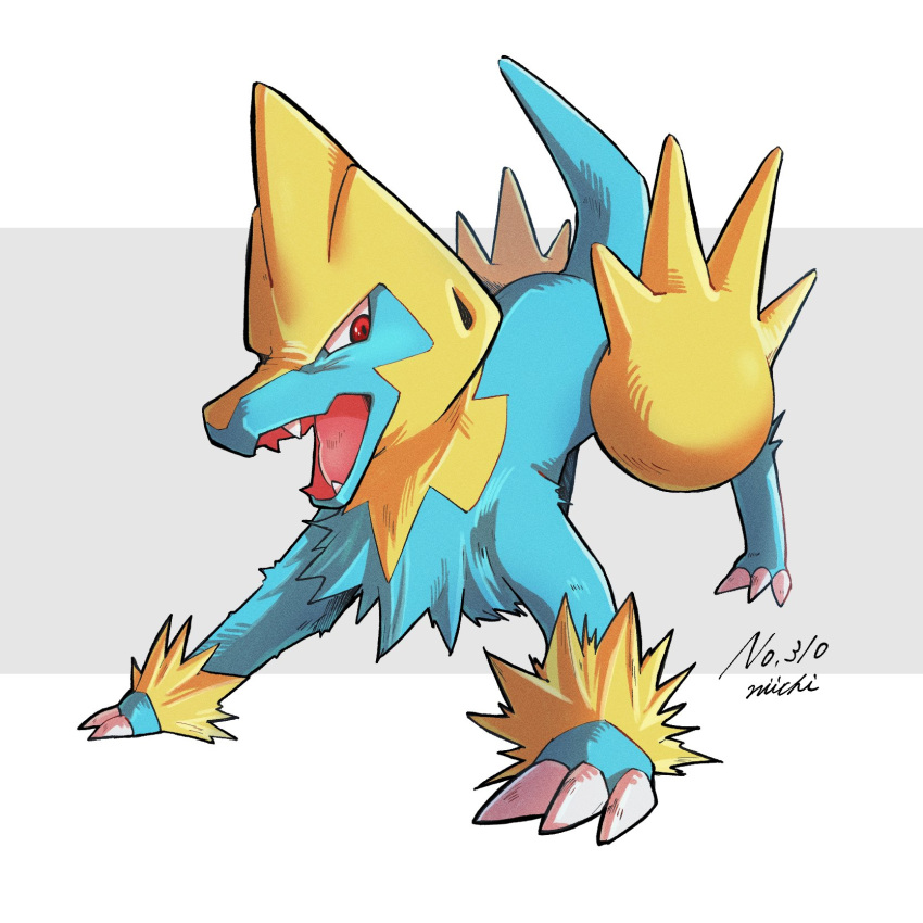 animal_focus blue_fur claws commentary_request fangs full_body highres manectric niiichi_21pk no_humans open_mouth pokemon pokemon_(creature) red_eyes signature solo standing tongue