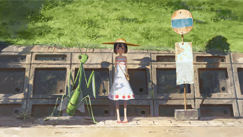 1girl arms_behind_back bag bug dress fjsmu flip-flops hat highres hill original praying_mantis road road_sign sandals satchel shadow sidewalk sign sleeveless smile standing straw_hat street striped striped_dress waiting white_dress