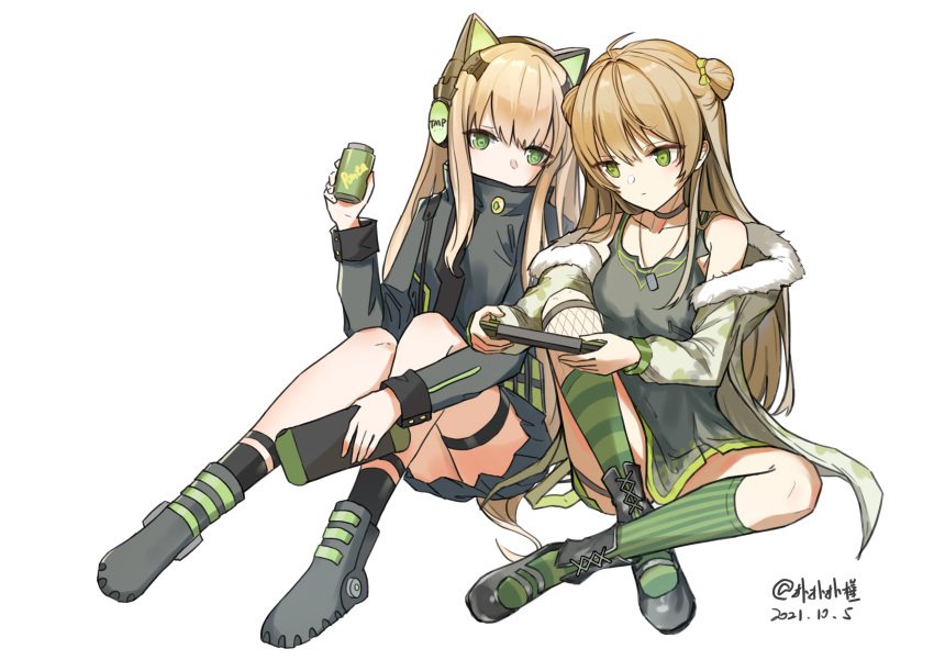 2girls absurdres bangs black_jacket blonde_hair breasts camouflage camouflage_jacket closed_mouth collarbone controller dated double_bun eyebrows_visible_through_hair fur-trimmed_jacket fur_trim game_controller girls_frontline green_eyes green_shirt grey_footwear headphones highres holding holding_controller holding_game_controller holding_jar jacket jar light_brown_hair long_hair looking_down multiple_girls on_floor open_clothes open_jacket rfb_(girls'_frontline) sakatakin shirt shoes socks tmp_(girls'_frontline) white_background