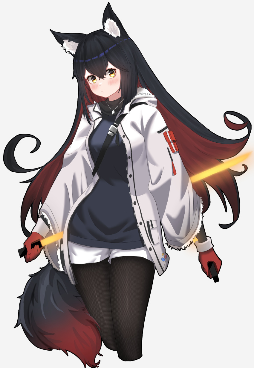 1girl absurdres animal_ears arknights black_hair black_legwear black_shirt blush breasts chewycandy coat colored_inner_hair cowboy_shot cropped_legs dual_wielding energy_sword fur-trimmed_coat fur-trimmed_hood fur-trimmed_sleeves fur_trim gloves grey_background hair_between_eyes highres holding hood jewelry legwear_under_shorts long_hair looking_at_viewer multicolored_hair necklace official_alternate_costume open_clothes open_coat pantyhose red_gloves redhead shirt shorts simple_background small_breasts solo sword tail texas_(arknights) texas_(winter_messenger)_(arknights) very_long_hair weapon white_coat white_shorts winter_clothes winter_coat wolf_ears wolf_girl wolf_tail