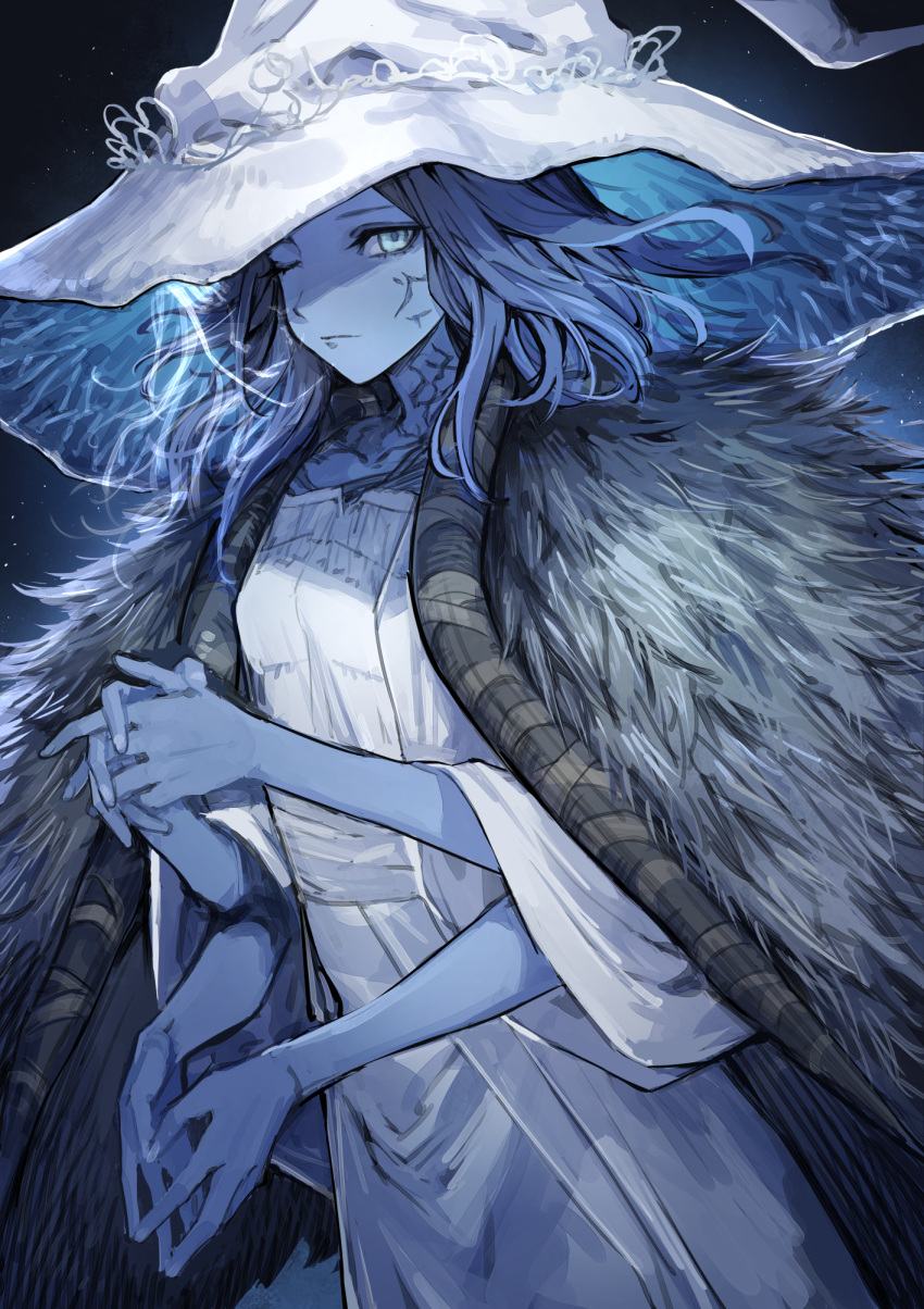 1girl blue_background blue_eyes blue_hair blue_skin cape colored_skin commentary cowboy_shot dress elden_ring extra_arms facial_mark hat highres looking_at_viewer medium_hair mephist one_eye_closed own_hands_together ranni_the_witch solo white_dress white_headwear witch_hat